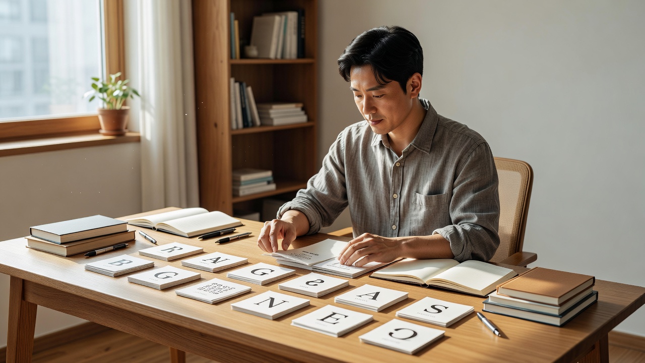 서체 종류별 목차를 준비하는 디자이너의 책상 모습