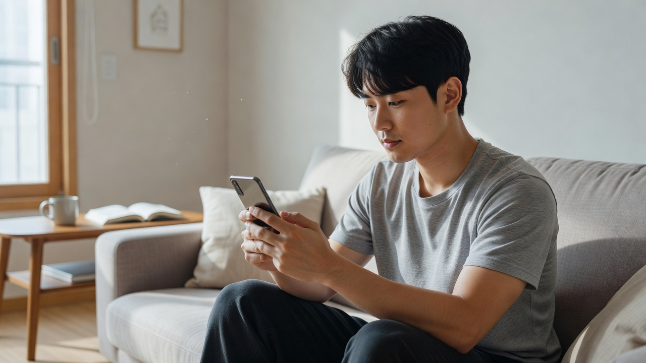 스마트폰으로 가독성 좋은 서체를 확인하는 모습
