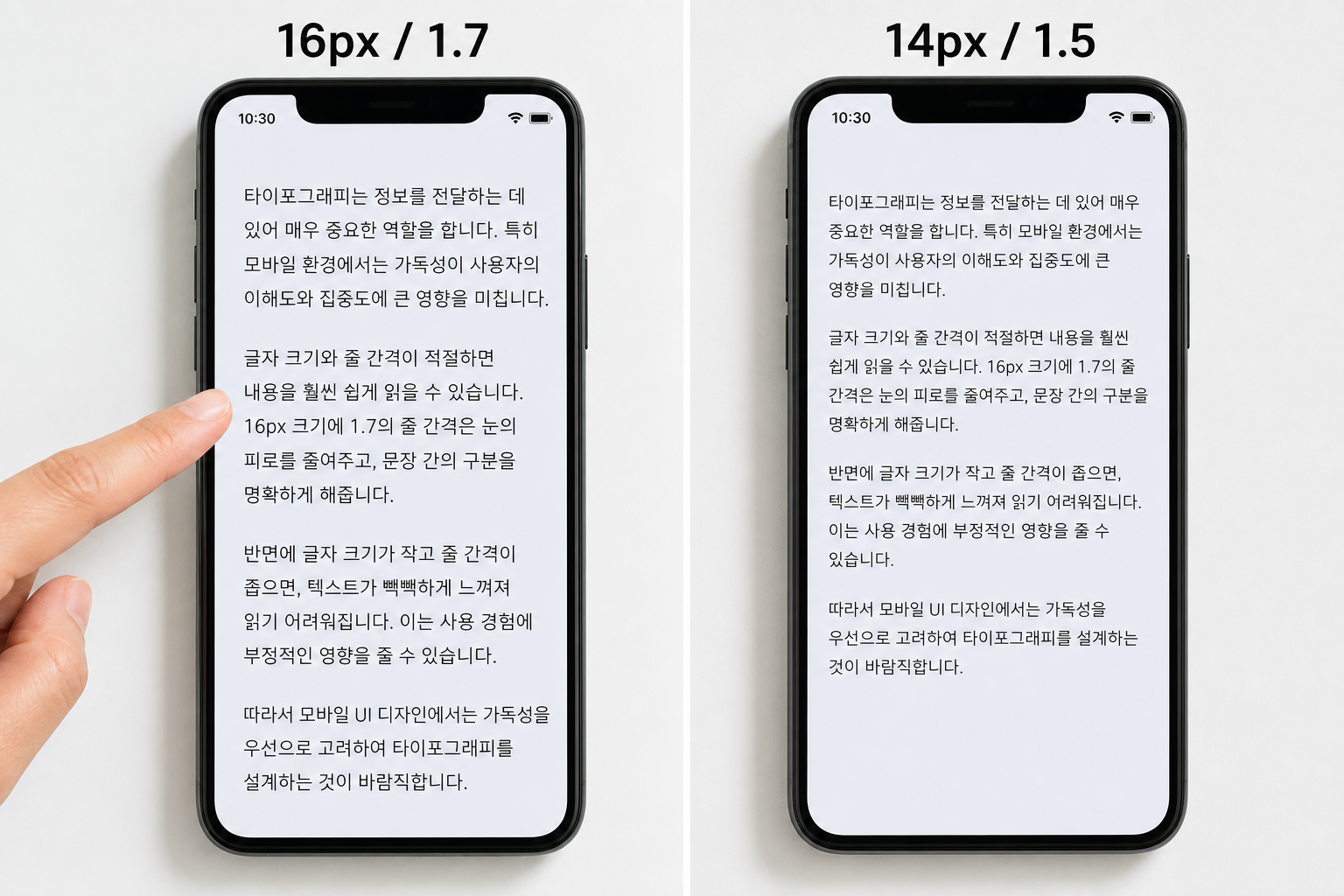 모바일 환경에서 가독성 좋은 서체를 위한 줄간격과 크기 기준